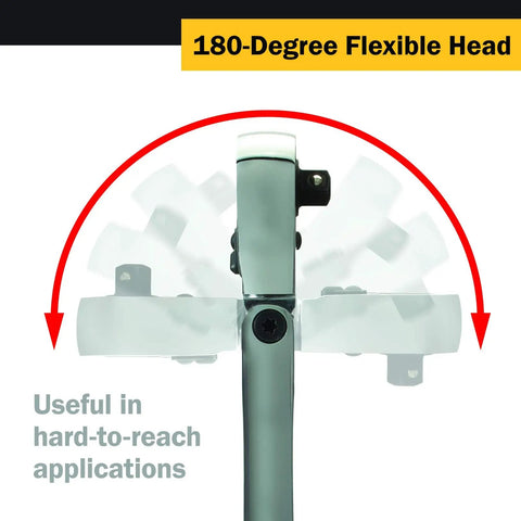 Three Piece 36 Tooth Extra Long Flex Head Ratchet Set With Comfort Grip Handles Built Tough From Chrome Vanadium Steel Reversible Ratcheting with 180-degree flexible head in use