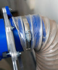 Heavy Duty Custom Fit Dust Collection System For Split Bed Wood Lathe with clear flexible hose and metal clamp detail.