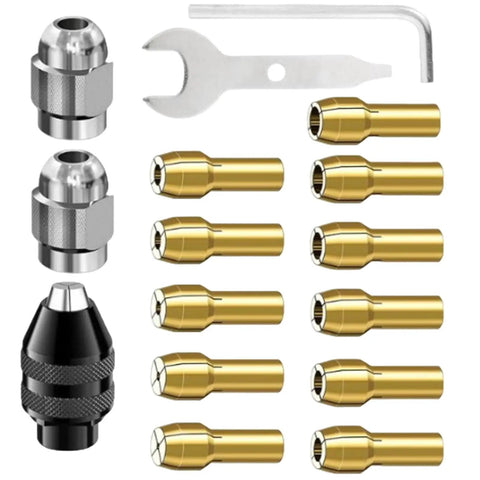 Heavy Duty Drill Chuck Collet Set Replaces 1-32 Inch To 1-8 Inch Keyless Rotary Tool Adapter with brass collets and wrench.
