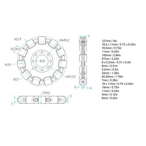 Omni Wheel 5in omnidirectional wheel with aluminum alloy hub, silicone rollers, dual bearings; single wheel M5604-0014-0127