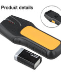 3-in-1 Wall Scanner Stud Finder for Wood Metal and Live Wire Detection, showing device with yellow grip and battery.