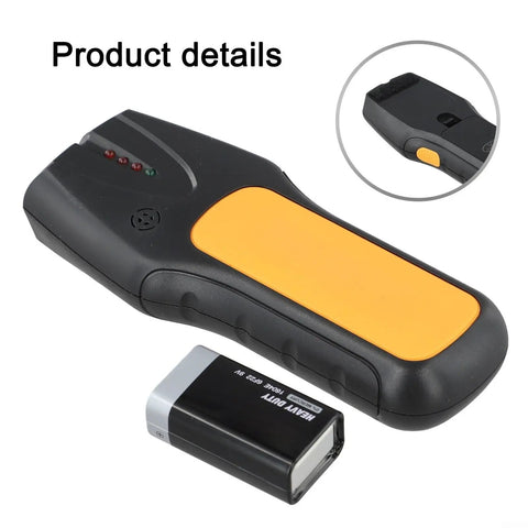 3-in-1 Wall Scanner Stud Finder for Wood Metal and Live Wire Detection, showing device with yellow grip and battery.