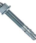 Three Quarters Inch By Five And One Half Inch Wedge Anchor Zinc Plated For Dry Concrete Installations Expansion Anchor For Concrete Only Not For Brick Or Block Box Of Twenty Durable And Easy To Install. Close-up view showing zinc plated metal construction with nut and washer.