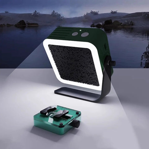 Compact Rechargeable Solder Fume Extractor And Mini Solder Fan With Bright Led Spotlight on a table with a small circuit board.