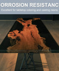 Wooden table with corrosion-resistant epoxy resin, showcasing a unique tabletop coloring and casting design.