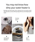 Water heater scale buildup issue with malfunctioning heating rod, dirty interior, and woman with itchy skin for clean water awareness.