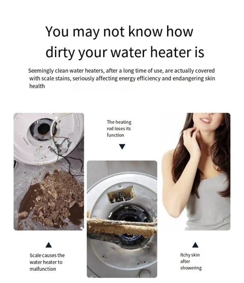 Water heater scale buildup issue with malfunctioning heating rod, dirty interior, and woman with itchy skin for clean water awareness.