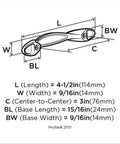 Diagram showing dimensions of 3 Inch Center To Center Satin Nickel Cabinet Pull with measurements in inches and millimeters.