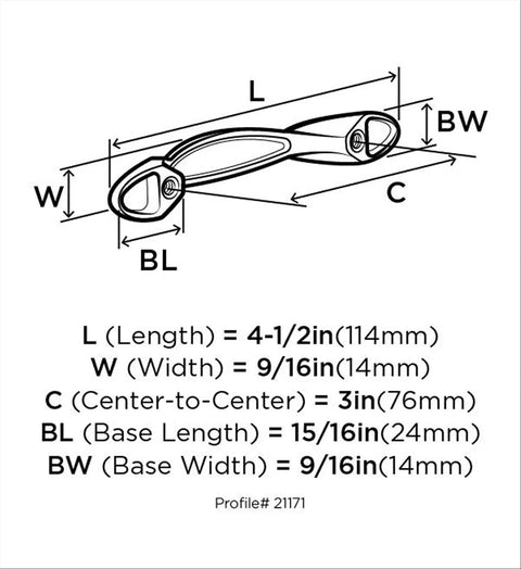 Diagram showing dimensions of 3 Inch Center To Center Satin Nickel Cabinet Pull with measurements in inches and millimeters.