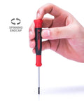 Nine Piece Precision Screwdriver Set With Magnetic Tips And Swivel End Cap, Ergonomic Grip, depicted in use with hand.