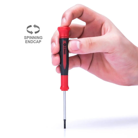 Nine Piece Precision Screwdriver Set With Magnetic Tips And Swivel End Cap, Ergonomic Grip, depicted in use with hand.
