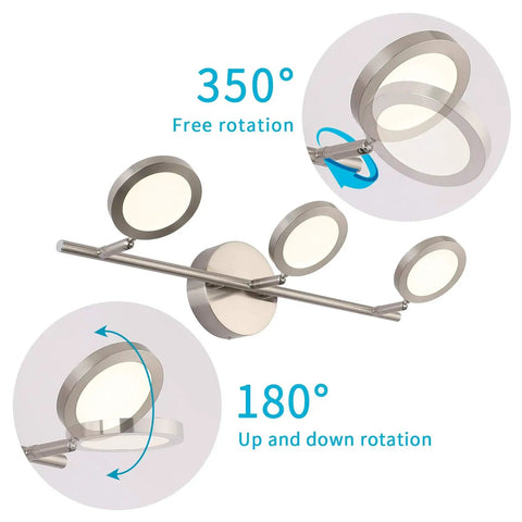 Modern LED Vanity Light Fixture In Nickel Finish With 3 Light Swing Arm Wall Sconces showing 350° and 180° rotation angles