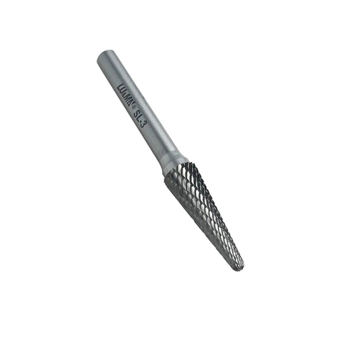 Double Cut Tungsten Carbide Burr Rotary File Three Eighths Inch Head And Quarter Inch Shank Fourteen Degree Taper Shape One Sixteenth Inch Cut Length For Deburring And Polishing Cast Iron Stainless Steel And Other Materials Rotary Tool Accessory shown