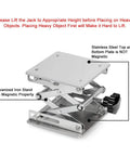 Stainless steel lab scissor jack lift stand with a 6x6 inch top plate; adjustable height 75–260 mm, 10 kg capacity