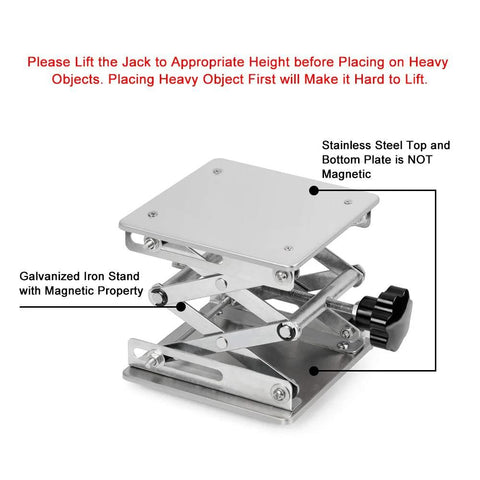 Stainless steel lab scissor jack lift stand with a 6x6 inch top plate; adjustable height 75–260 mm, 10 kg capacity