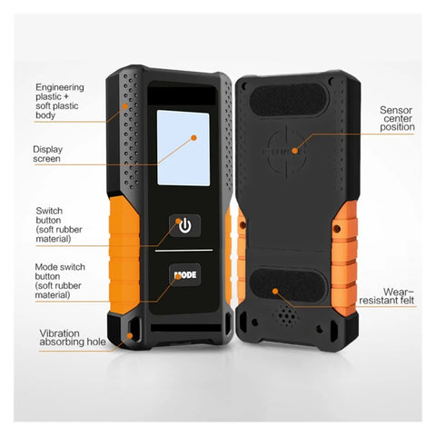 Dead On Accuracy 3 In 1 Stud Finder Wall Scanner with display, buttons, and vibration absorbing hole for easy detection.