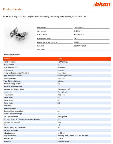 Technical specifications and details of Compact Face Frame Cabinet Hinge 107 Degree With Spring And Mounting Plate Includes Screws Pack Of 2 35mm Bore Fits 16mm To 19mm Thick Doors For Quick DIY Friendly Install.
