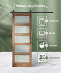32 By 84 Inch Frosted Glass Barn Door With 5-Panel Design, Waterproof And Scratch-Resistant Surface displayed against green wall.