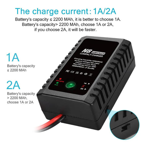 Smart 2-8S NiMH NiCd Battery Charger For RC Cars Boats Drones And Airsoft Gear on display with charging indicators