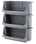 Three stackable dark gray open front storage totes designed for organizing garage gear and home drop zones.