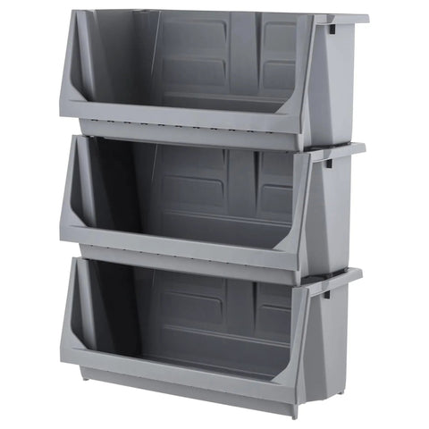 Three stackable dark gray open front storage totes designed for organizing garage gear and home drop zones.
