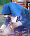 Welder using Extended Welding Helmet Cover With Press Fit Seal For Full Protection And No Fuss Easy Snap On, Blue Hood Shield Accessory