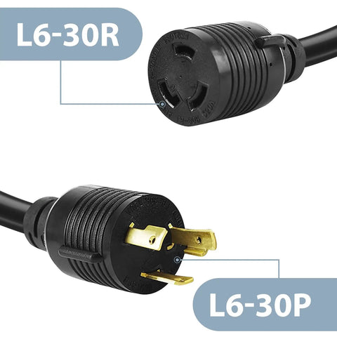 Beefy Heavy Duty L6-30P To L6-30R Twist Lock Generator Power Cord 10FT 30A SJTW 10 Gauge Extension Cable Weatherproof Black