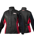 Women's Leather Welding Jacket With Tailored Female Fit And Adjustable Side Straps Black And Red Heavy-Duty Weld-Ready Shell
