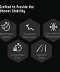 Icons highlighting features: Maximum Speed, Puncture Resistant, Low Rolling Resistance, Long Wear Life, Smooth Ride; Racing Latex Bike Tube