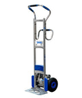Heavy Duty Electric Stair Climbing Dolly With 375 Lb Capacity For Smooth Appliance Moves Beverage Delivery And Commercial Hand Truck Hauling, silver with blue accents, pneumatic tires.