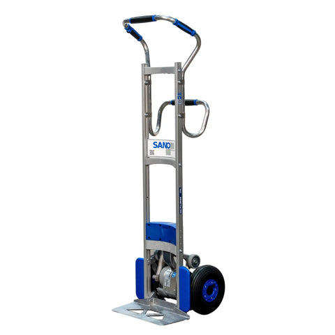 Heavy Duty Electric Stair Climbing Dolly With 375 Lb Capacity For Smooth Appliance Moves Beverage Delivery And Commercial Hand Truck Hauling, silver with blue accents, pneumatic tires.