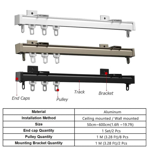 Heavy duty ceiling or wall mounted curtain track kit with silent rollers, available in aluminum, silver, beige, and black colors