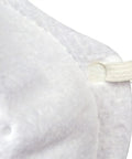Close-up of NIOSH Approved N95 Molded Cup Disposable Respirator Mask highlighting latex-free material and elastic strap.