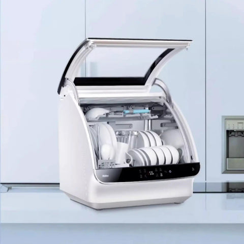 Compact Countertop Dishwasher Fully Automatic Mini Kitchen Game Changer High Temp Wash Cycle Triple Filter System Top Loading with dishes inside