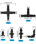Front view of black plastic drip irrigation fittings kit with 1/4 in barbed connectors (tees, elbows, end plugs, 4-way couplings).