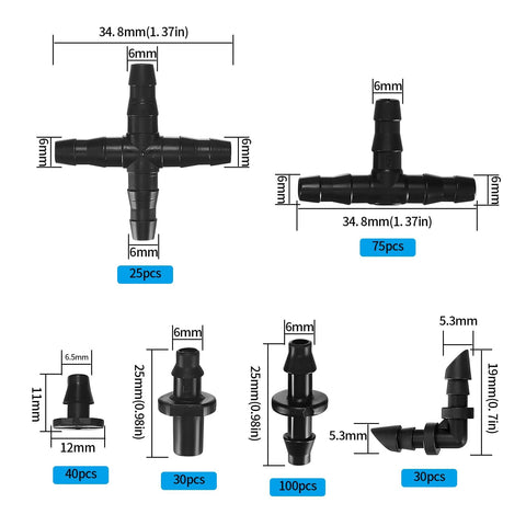 Front view of black plastic drip irrigation fittings kit with 1/4 in barbed connectors (tees, elbows, end plugs, 4-way couplings).