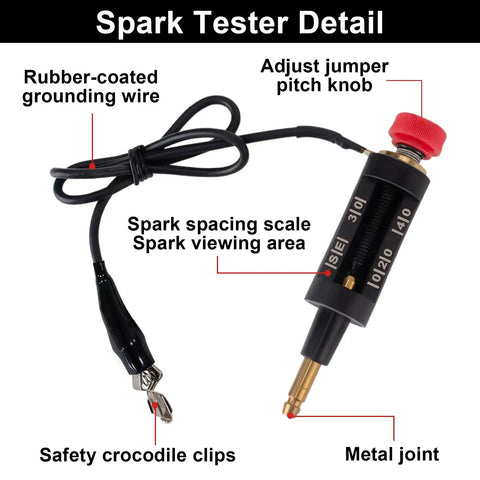 Spark Plug Tester Kit With Adjustable Ignition Coil System showing spark spacing scale and rubber-coated grounding wire