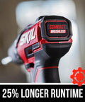 Close-up of Power Core 20 Brushless 20V Compact Three In One Hammer Drill Kit with branding and 25% longer runtime text.