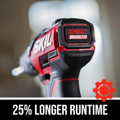 Close-up of Power Core 20 Brushless 20V Compact Three In One Hammer Drill Kit with branding and 25% longer runtime text.