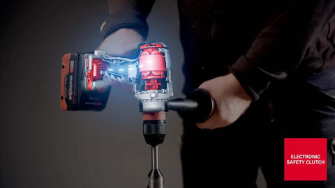 Close-up of Straight Shooter 18 Volt Brushless Cordless Drill Driver Bare Tool showing internal mechanics and electronic safety clutch.