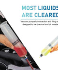 Power Steering Fluid Extractor Kit For Cars 200cc Manual Oil Sucker Pump with dual hoses demonstrated with colored fluids