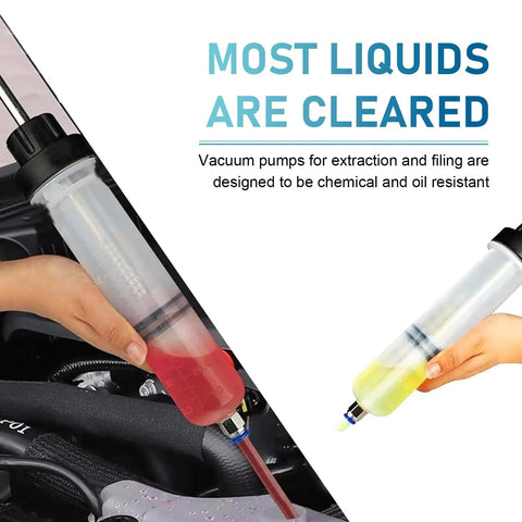 Power Steering Fluid Extractor Kit For Cars 200cc Manual Oil Sucker Pump with dual hoses demonstrated with colored fluids