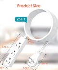 Image of 25 Foot Flat Plug Extension Cord With Three Outlets 13 Amp 125 Volt Grounded Indoor Cable UL Listed showing dimensions.