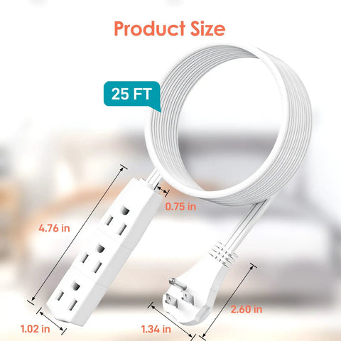 Image of 25 Foot Flat Plug Extension Cord With Three Outlets 13 Amp 125 Volt Grounded Indoor Cable UL Listed showing dimensions.