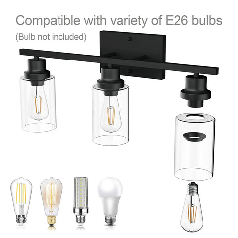 Matte Black 3 Light Vanity Light Fixtures With Clear Glass Shade, Industrial Style Bathroom Lighting, E26 bulb compatibility shown