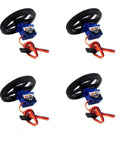 Pack of 4 blue Feetech FS90R micro servo motors with black wheel tires and orange wiring