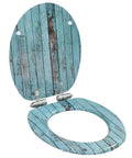 Built Tough Smooth Soft Close Toilet Seat Set Featuring Rustic MDF Wood Finish And Rock Solid Zinc Hinges For Quick No Sweat Bathroom Refresh Upgrade - open view with rustic blue wood design.