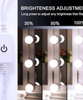 Brightness levels of Hollywood Style LED Vanity Lights For Mirror With Dimmer And 12V Adapter showing 30%, 50%, and 100%