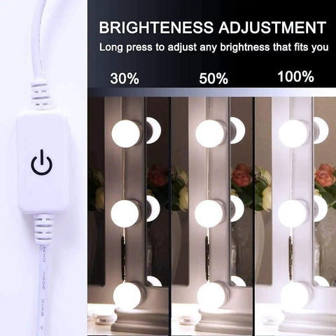 Brightness levels of Hollywood Style LED Vanity Lights For Mirror With Dimmer And 12V Adapter showing 30%, 50%, and 100%
