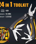 Angled view of black and yellow 24-in-1 multitool pliers with fold-out blades